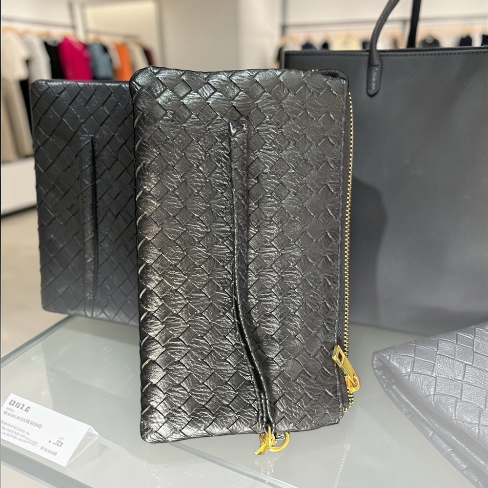 Woven Leather Zip Clutch - Black